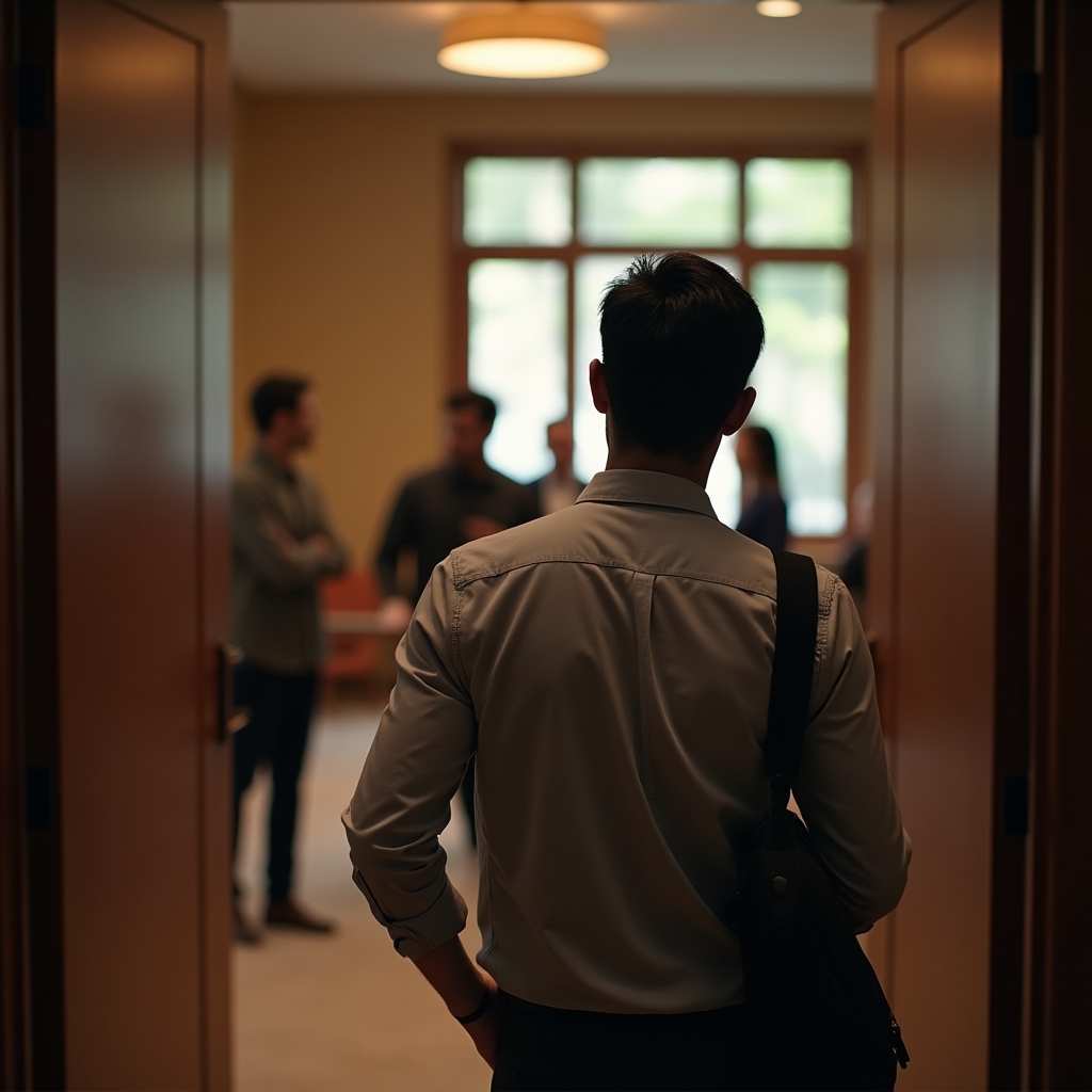 Persona che osserva con curiosità un gruppo di discussione prima di sedersi per la prima volta a un incontro