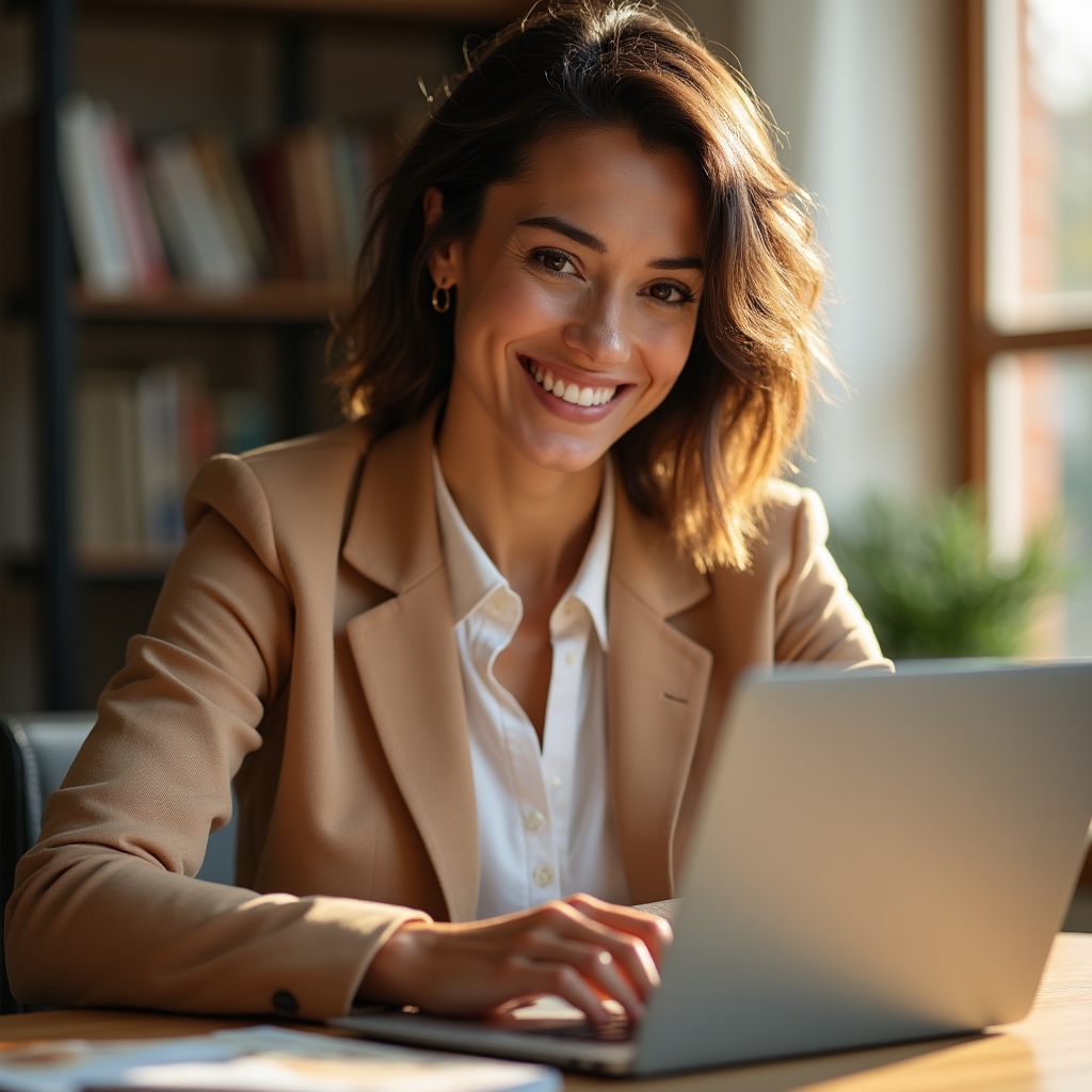 Professionista sorridente che scrive al computer per iscriversi a un incontro del circolo