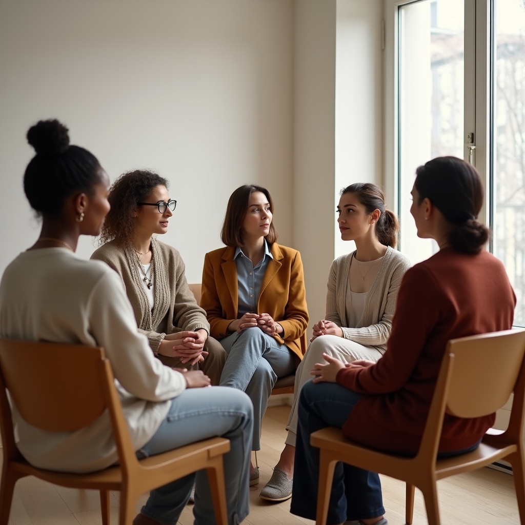 Piccolo gruppo di professionisti seduti in cerchio che si guardano negli occhi durante una discussione